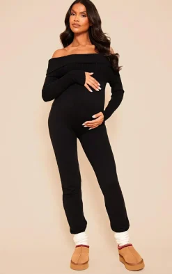 Maternity Black Knitted Fold Over Jumpsuit