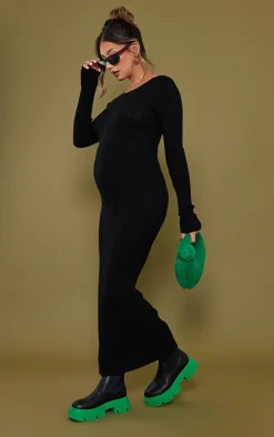 Maternity Black Knitted Midaxi Tie Back Bodycon Dress