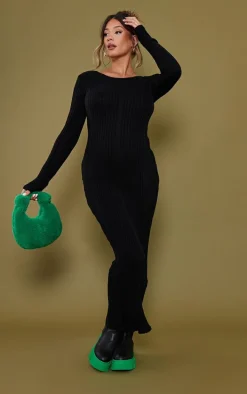 Maternity Black Knitted Midaxi Tie Back Bodycon Dress