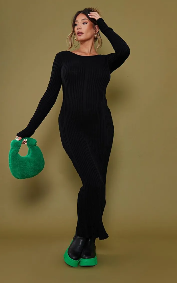 Maternity Black Knitted Midaxi Tie Back Bodycon Dress