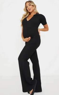 Maternity Black Knitted Rib Polo Short Sleeve Wide Leg Jumpsuit