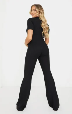 Maternity Black Knitted Rib Polo Short Sleeve Wide Leg Jumpsuit
