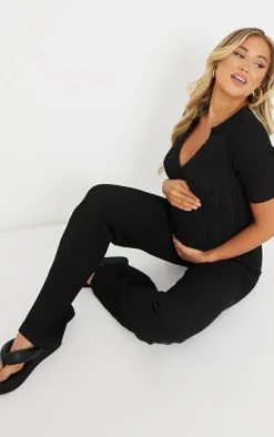 Maternity Black Knitted Rib Polo Short Sleeve Wide Leg Jumpsuit