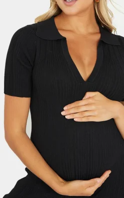Maternity Black Knitted Rib Polo Short Sleeve Wide Leg Jumpsuit