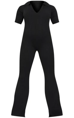 Maternity Black Knitted Rib Polo Short Sleeve Wide Leg Jumpsuit