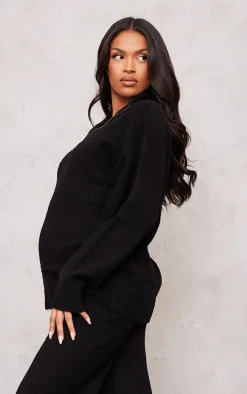 Maternity Black Knitted Slouchy Half Zip Sweater