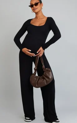 Maternity Black Long Sleeved Soft Rib Jumpsuit