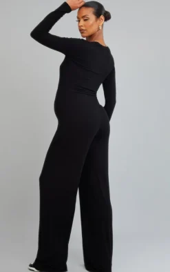 Maternity Black Long Sleeved Soft Rib Jumpsuit