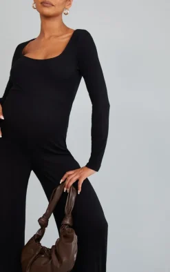 Maternity Black Long Sleeved Soft Rib Jumpsuit