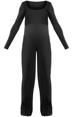 Maternity Black Long Sleeved Soft Rib Jumpsuit