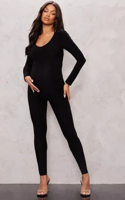 Maternity Black Long Sleeve Slinky Jumpsuit