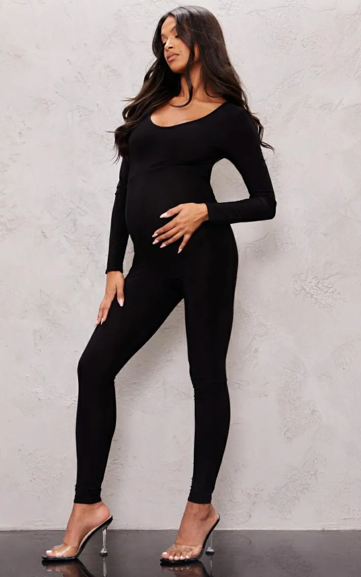 Maternity Black Long Sleeve Slinky Jumpsuit