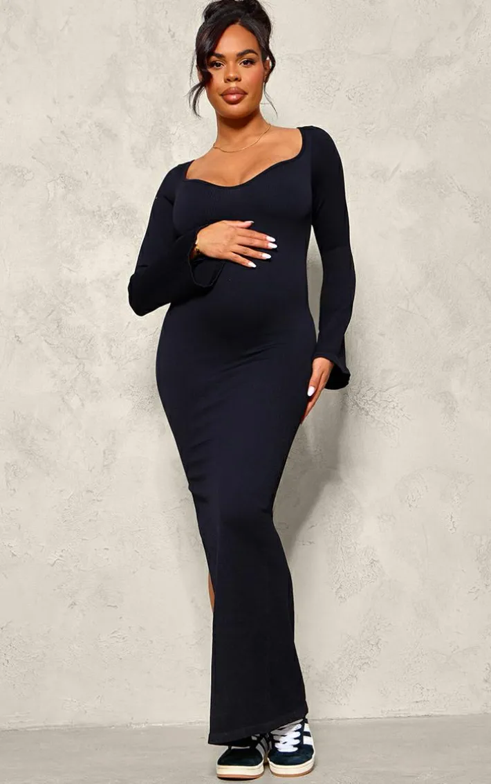 Maternity Black Long Sleeve Snatched Rib Dress