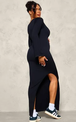 Maternity Black Long Sleeve Snatched Rib Dress