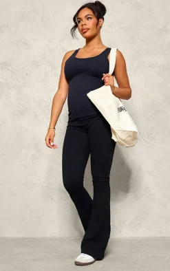 Maternity Black Low Rise Fold Over Waist Snatched Sculpt Flared Pants