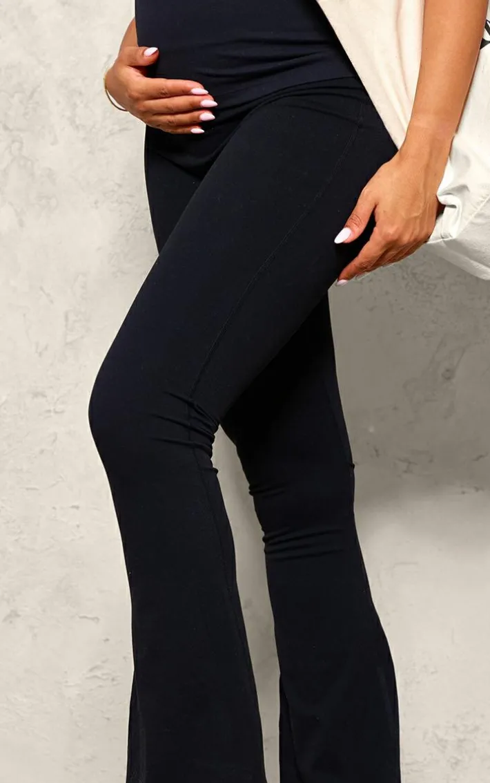 Maternity Black Low Rise Fold Over Waist Snatched Sculpt Flared Pants