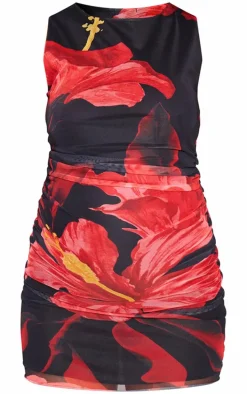 Maternity Black Mesh Flower Print Mini Dress