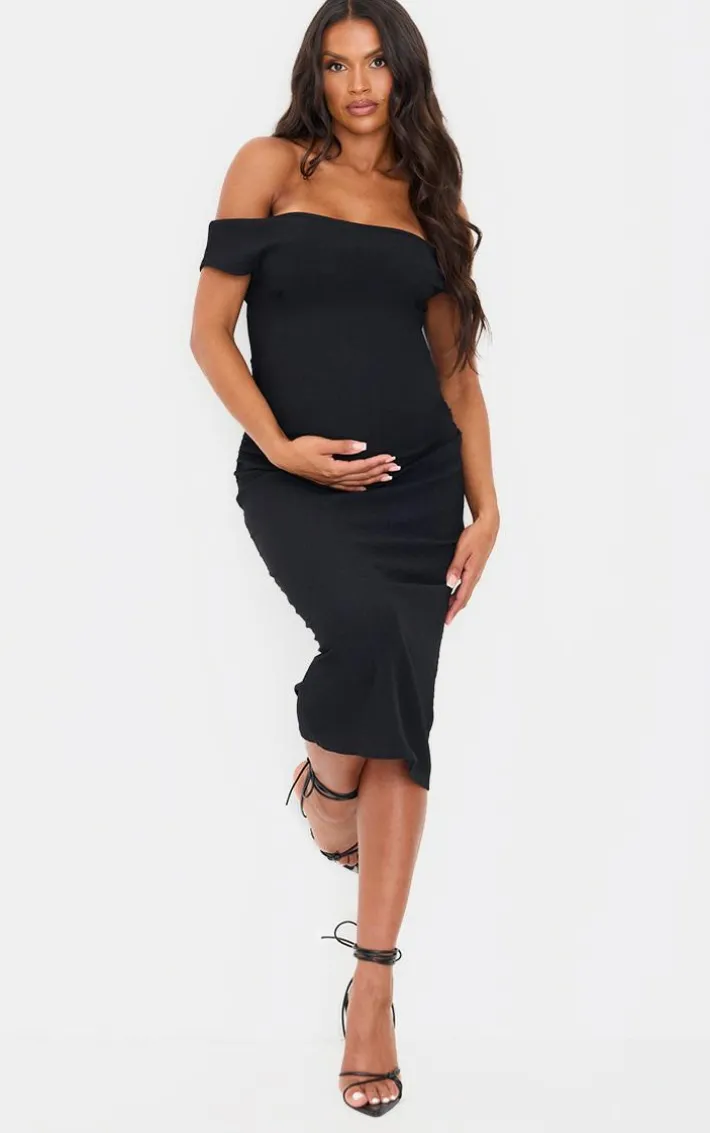 Maternity Black Midi Textured Bardot Sleeveless Bodycon Dress