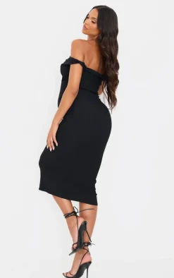 Maternity Black Midi Textured Bardot Sleeveless Bodycon Dress