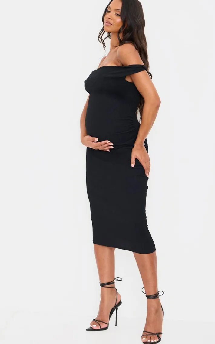 Maternity Black Midi Textured Bardot Sleeveless Bodycon Dress