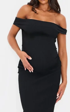 Maternity Black Midi Textured Bardot Sleeveless Bodycon Dress
