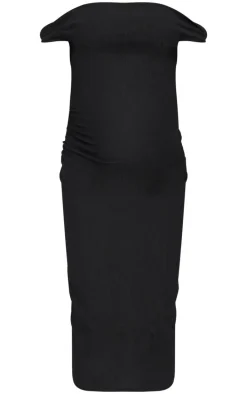 Maternity Black Midi Textured Bardot Sleeveless Bodycon Dress