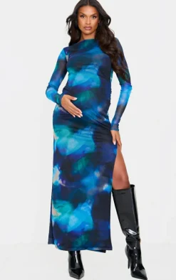 Maternity Black Printed Mesh Long Sleeve Maxi Dress