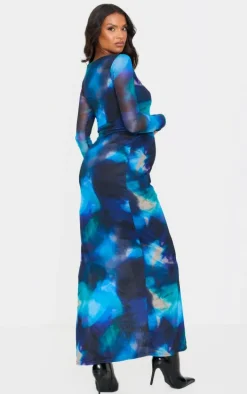Maternity Black Printed Mesh Long Sleeve Maxi Dress
