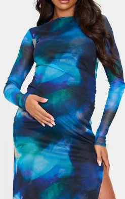 Maternity Black Printed Mesh Long Sleeve Maxi Dress