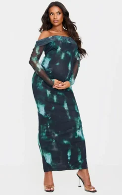 Maternity Black Printed Mesh Bardot Long Sleeve Maxi Dress