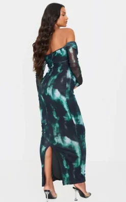 Maternity Black Printed Mesh Bardot Long Sleeve Maxi Dress