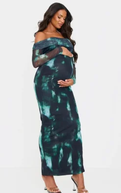 Maternity Black Printed Mesh Bardot Long Sleeve Maxi Dress