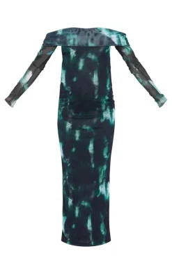 Maternity Black Printed Mesh Bardot Long Sleeve Maxi Dress