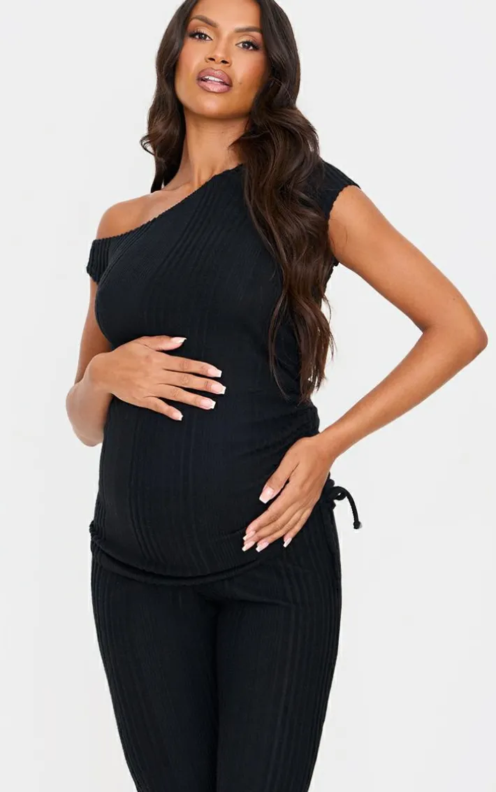 Maternity Black Rib Asymmetric Neck Ruched Side Top