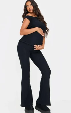 Maternity Black Rib Asymmetric Neck Ruched Side Top