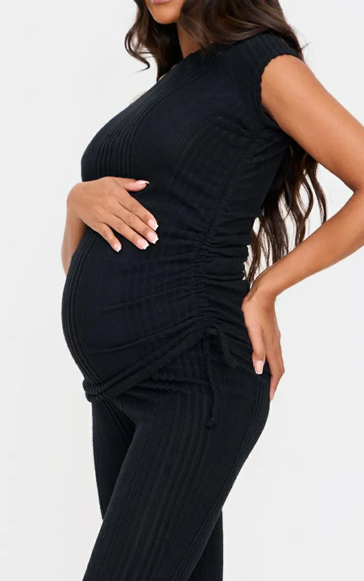 Maternity Black Rib Asymmetric Neck Ruched Side Top
