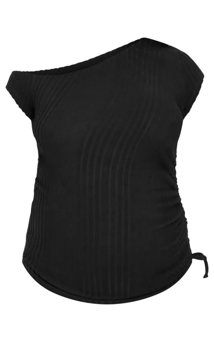 Maternity Black Rib Asymmetric Neck Ruched Side Top