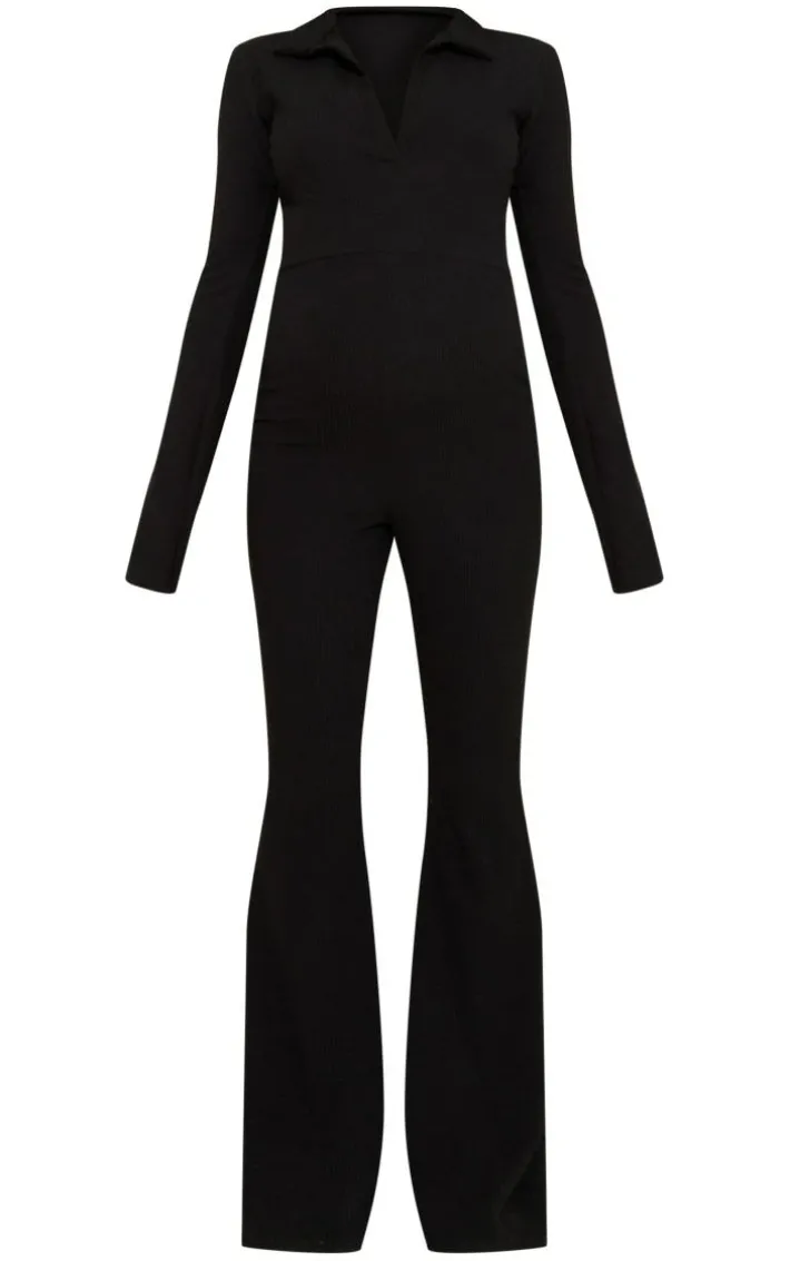 Maternity Black Rib Collar Detail Flare Leg Jumpsuit