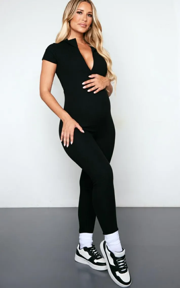 Maternity Black Rib Collar Short Sleeve Jumpsuit