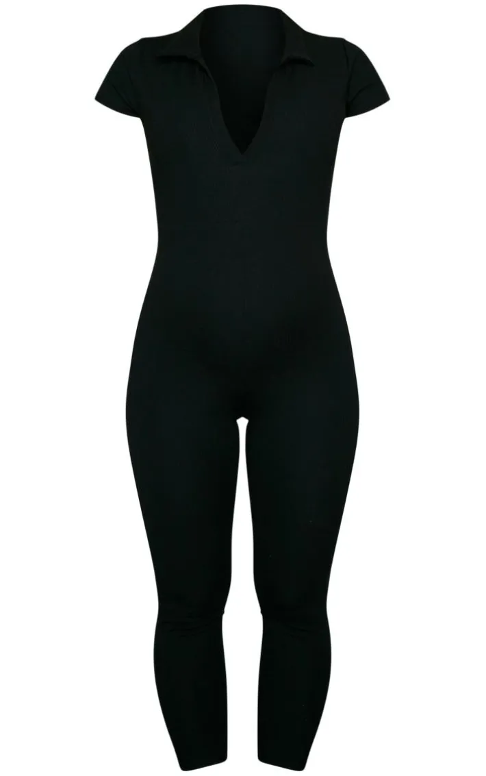 Maternity Black Rib Collar Short Sleeve Jumpsuit