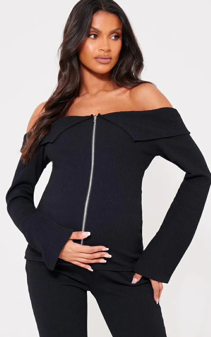 Maternity Black Rib Fold Over Zip Up Top