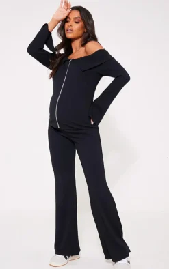 Maternity Black Rib Fold Over Zip Up Top
