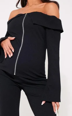 Maternity Black Rib Fold Over Zip Up Top