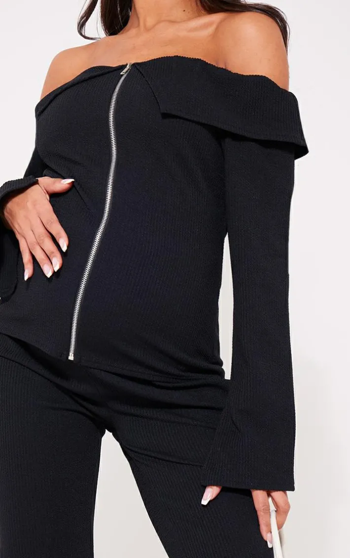 Maternity Black Rib Fold Over Zip Up Top