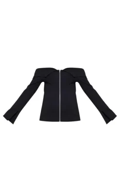 Maternity Black Rib Fold Over Zip Up Top