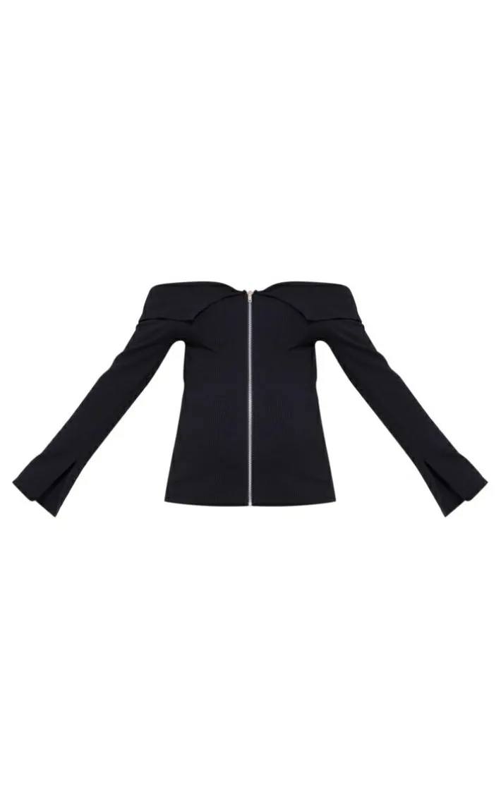 Maternity Black Rib Fold Over Zip Up Top