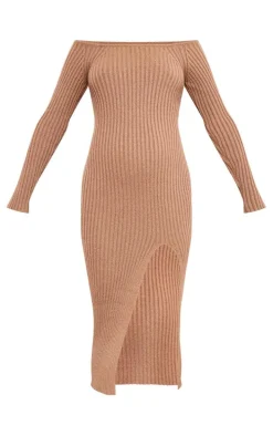 Maternity Black Rib Knit Off The Shoulder Midaxi Dress