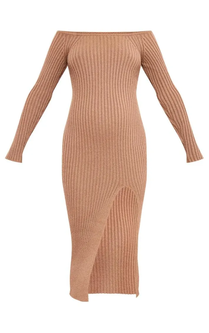 Maternity Black Rib Knit Off The Shoulder Midaxi Dress