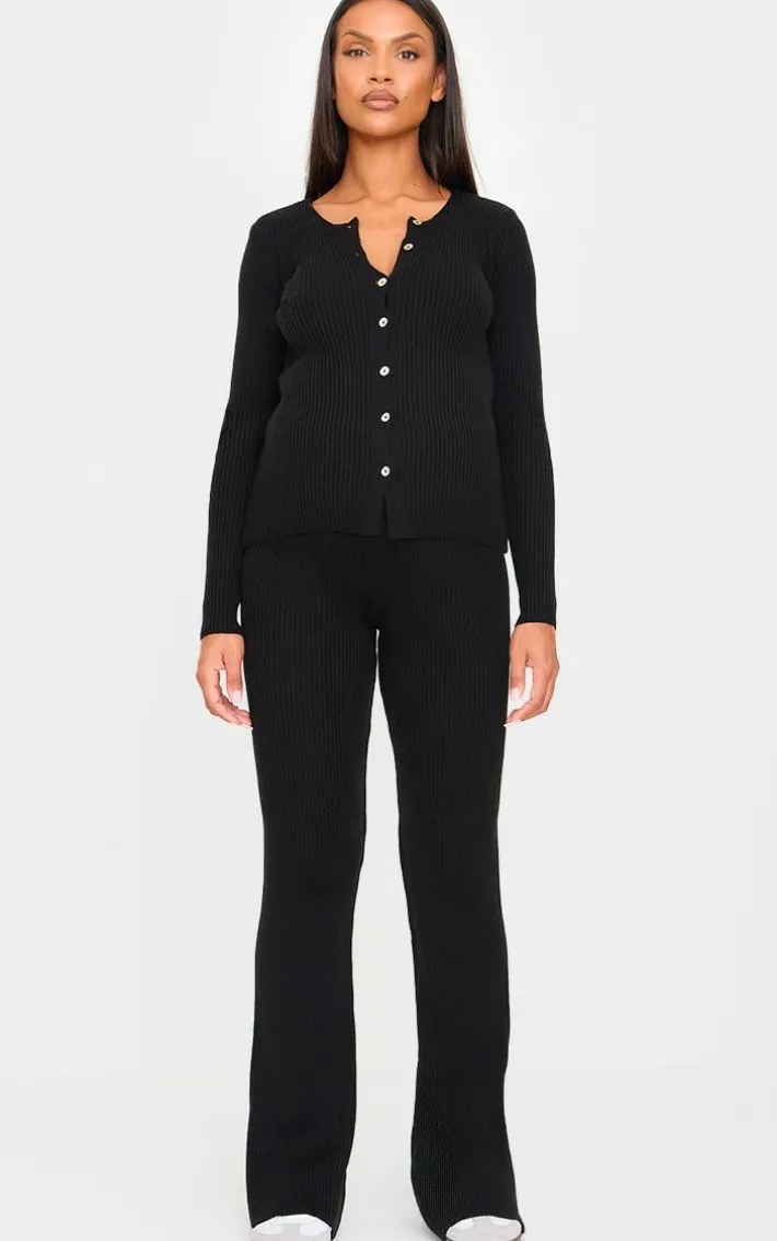 Maternity Black Rib Knit Flared Pants