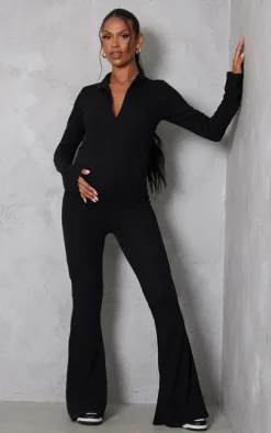 Maternity Black Ribbed Collar Long Sleeve Jumpsuit
